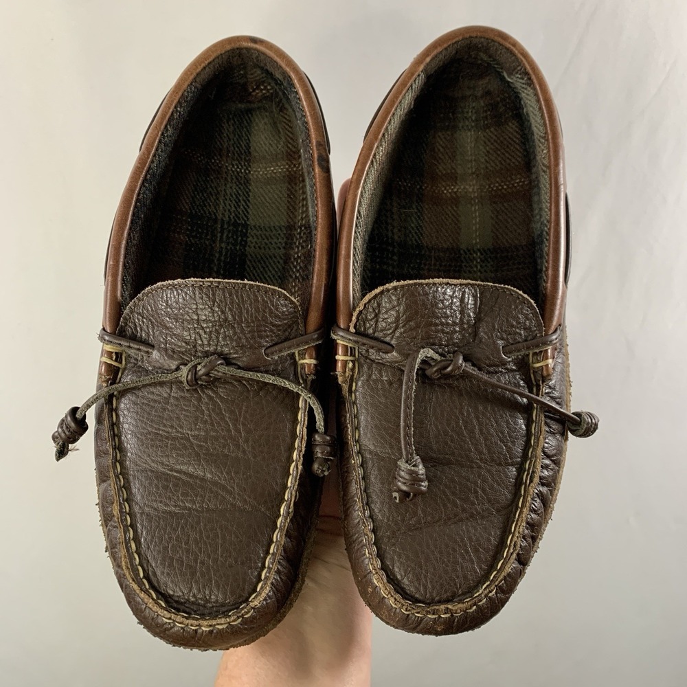 LL Bean Womens Leather Moccasin Driving Loafers Size 9 Flannel Lined Crepe Sole